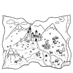 A cute and whimsical illustration of a medieval map, featuring worn edges for an authentic, aged look