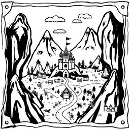 A cute and whimsical illustration of a medieval map, featuring worn edges for an authentic, aged look