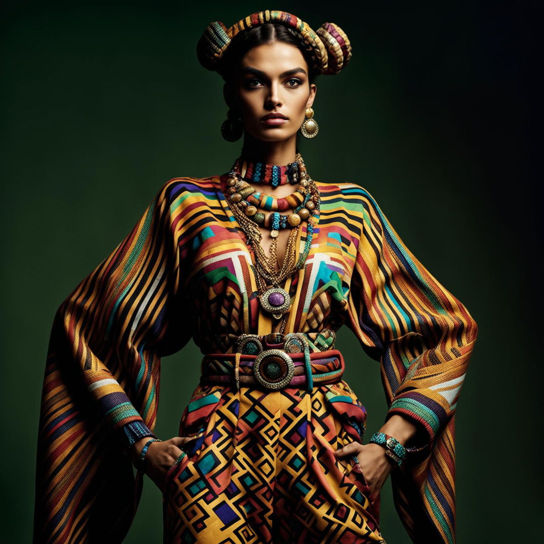 A high-definition photograph depicting a model in a different Aztec-inspired outfit