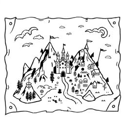 A whimsical and cute illustration of a medieval map, featuring worn edges for a nostalgic, aged appearance