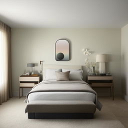 A bedroom that exudes modern and simple elegance with minimalist furniture, neutral color tones, and stylish decor.