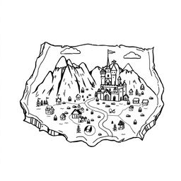 A whimsical and cute illustration of a medieval map, featuring worn edges for a nostalgic, aged appearance