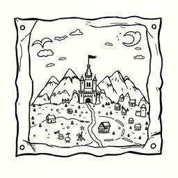 A whimsical and cute illustration of a medieval map, featuring worn edges for a nostalgic, aged appearance