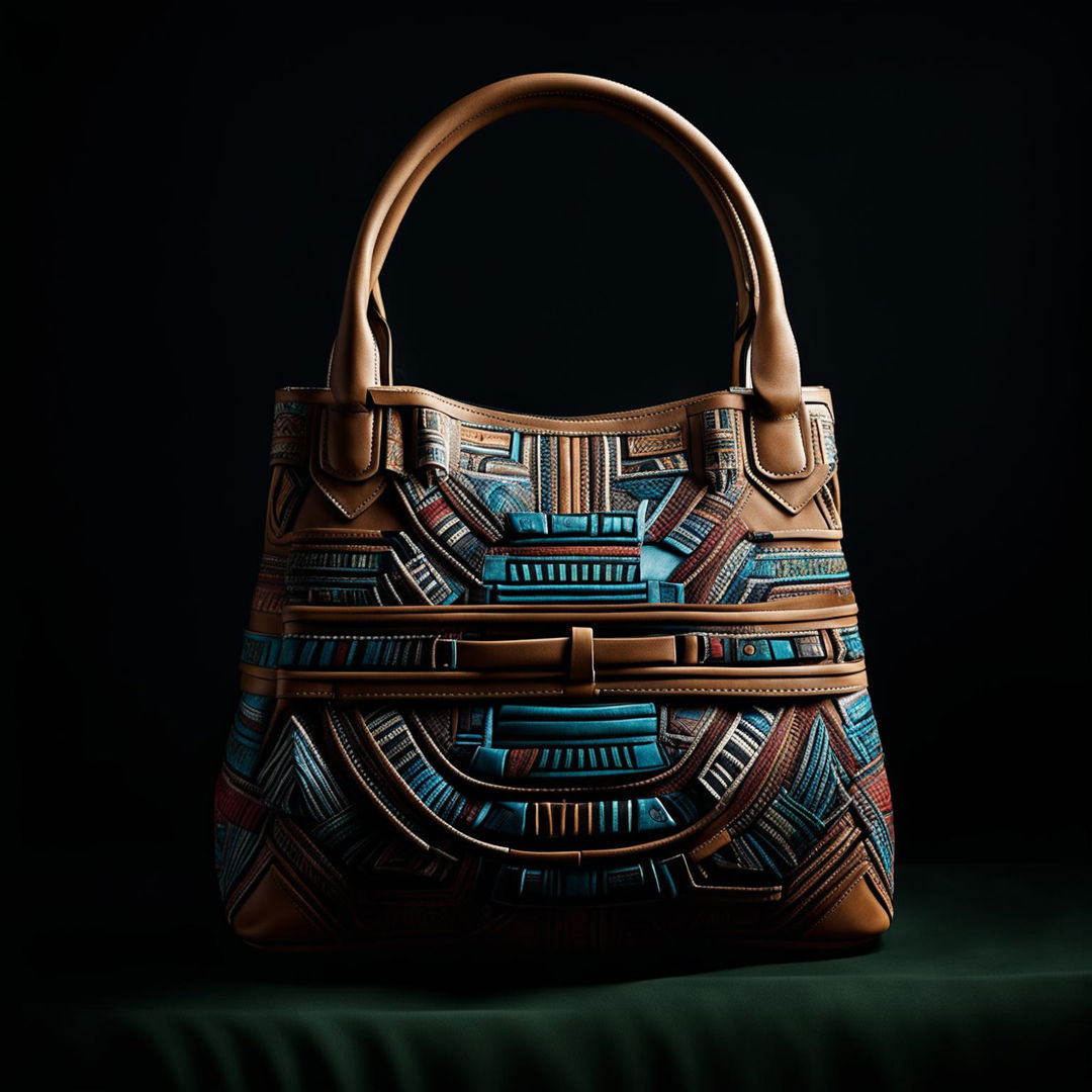 A high-definition, editorial magazine-style photograph of a stylish handbag inspired by Aztec aesthetics