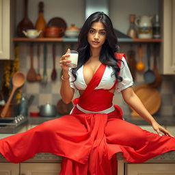A seductive Indian brunette maid with long, flowing hair is wearing a transparent white blouse that reveals her ample cleavage, paired with a vibrant red saree that cascades elegantly down her legs