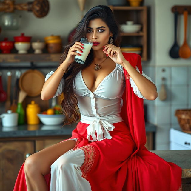 A seductive Indian brunette maid with long, flowing hair is wearing a transparent white blouse that reveals her ample cleavage, paired with a vibrant red saree that cascades elegantly down her legs