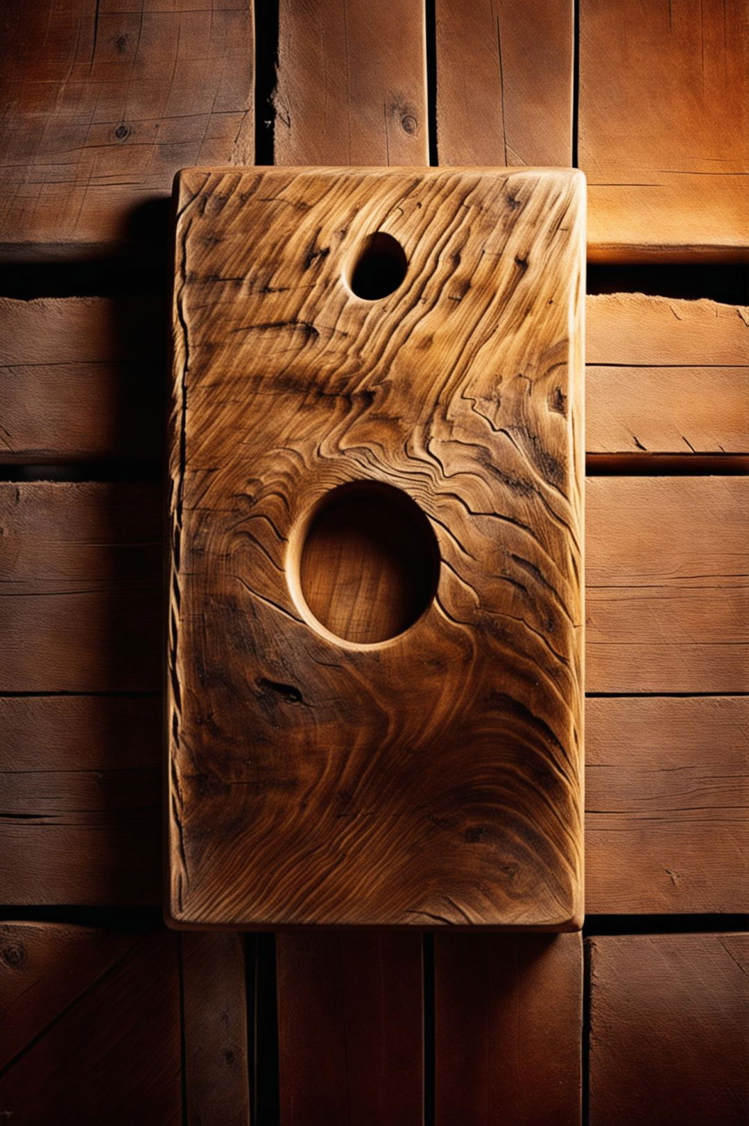 A high-quality photograph of a vintage, oak cornhole board