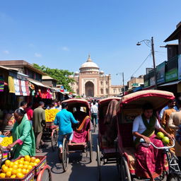 A vibrant street scene in Dhaka, Bangladesh, showcasing bustling markets filled with colorful fabrics and spices, with vendors selling fresh fruits like mangoes and coconuts
