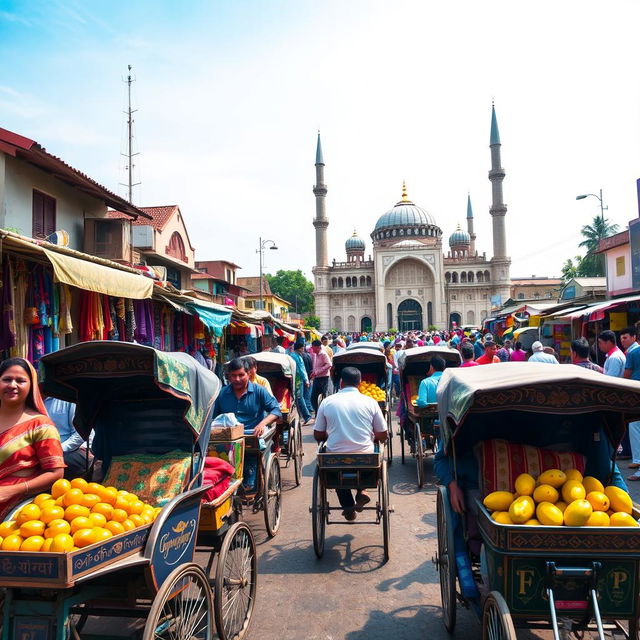 A vibrant street scene in Dhaka, Bangladesh, showcasing bustling markets filled with colorful fabrics and spices, with vendors selling fresh fruits like mangoes and coconuts