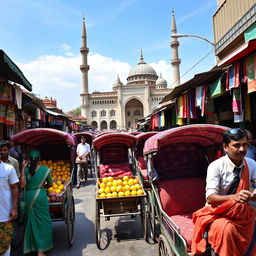 A vibrant street scene in Dhaka, Bangladesh, showcasing bustling markets filled with colorful fabrics and spices, with vendors selling fresh fruits like mangoes and coconuts