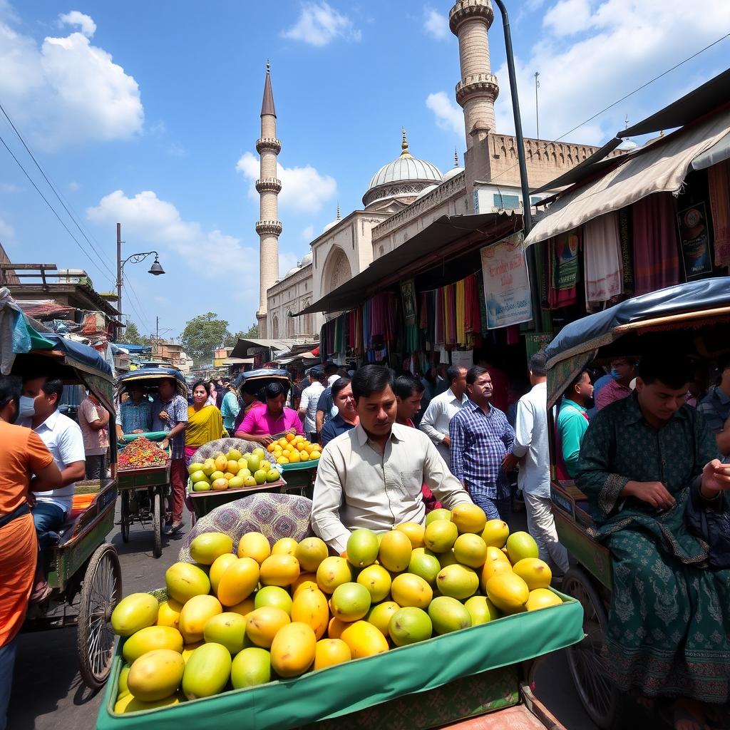A vibrant street scene in Dhaka, Bangladesh, showcasing bustling markets filled with colorful fabrics and spices, with vendors selling fresh fruits like mangoes and coconuts