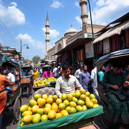A vibrant street scene in Dhaka, Bangladesh, showcasing bustling markets filled with colorful fabrics and spices, with vendors selling fresh fruits like mangoes and coconuts