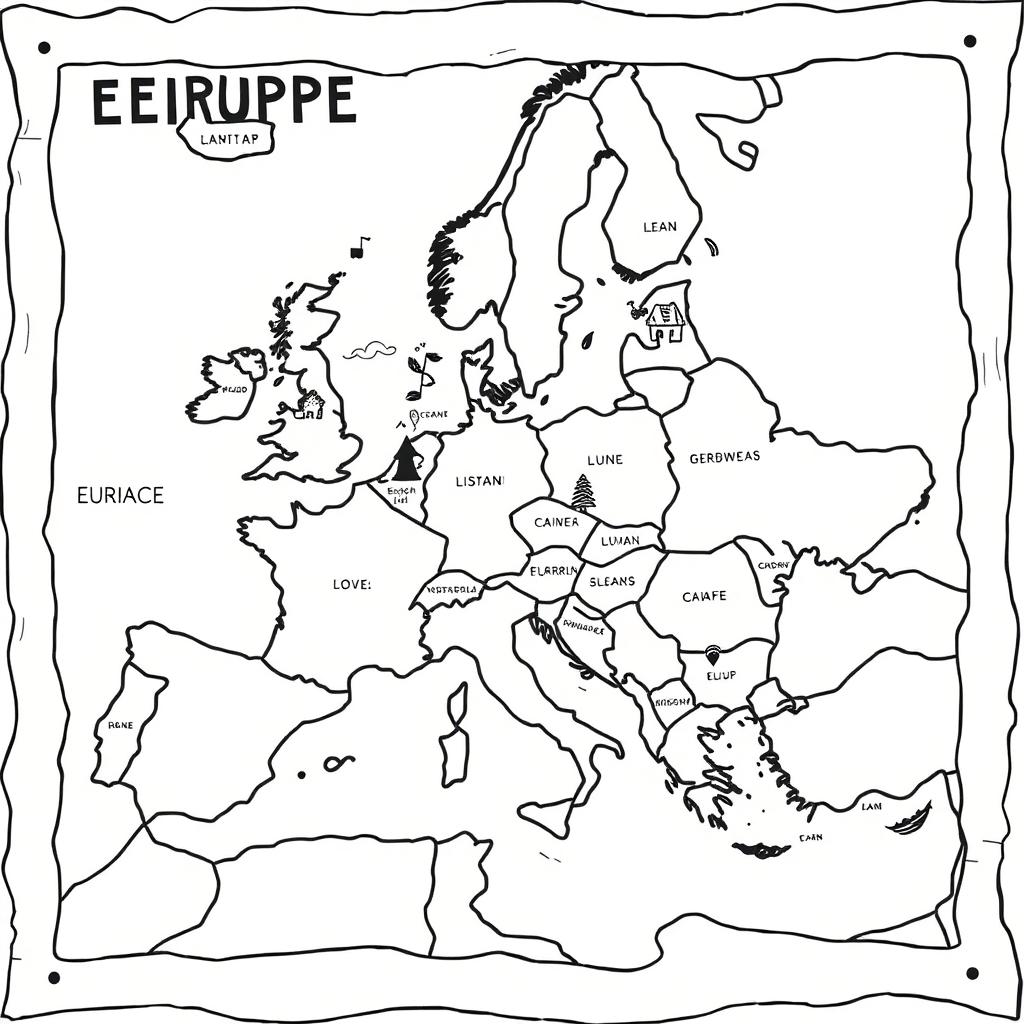 A charming and playful illustration of a medieval map depicting Europe, featuring its countries and surrounding seas