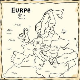 A charming and playful illustration of a medieval map depicting Europe, featuring its countries and surrounding seas