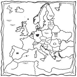 A charming and playful illustration of a medieval map depicting Europe, featuring its countries and surrounding seas