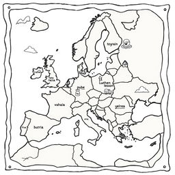 A charming and playful illustration of a medieval map depicting Europe, featuring its countries and surrounding seas