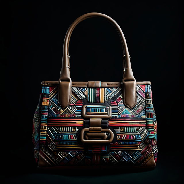 A high-definition photograph of a different handbag, inspired by Aztec aesthetics against a dark background