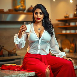 A sultry Indian maid sitting on a kitchen counter, wearing a transparent white blouse that showcases her ample cleavage, paired with a vibrant red saree