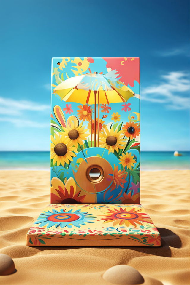 A high-quality digital art image of a summer-themed cornhole board