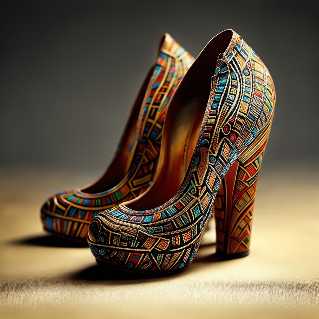 This high-definition, editorial magazine-style photograph features a pair of high heel shoes with an intricate, stylish design inspired by Aztec aesthetics