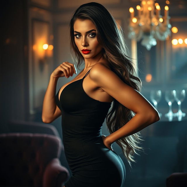 A seductive and alluring woman with long flowing hair, wearing a form-fitting, elegant black cocktail dress that accentuates her curves, striking a confident pose in a dimly lit luxurious room