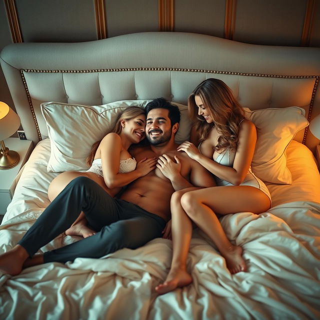 A romantic scene depicting a man lying on a comfortable bed with two beautiful women, all sharing an intimate moment