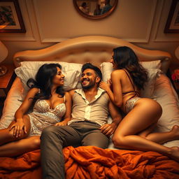 A romantic scene depicting a man lying on a comfortable bed with two beautiful women, all sharing an intimate moment