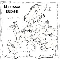 A charming and playful illustration of a medieval map of Europe, capturing the countries as they were during that time