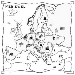A charming and playful illustration of a medieval map of Europe, capturing the countries as they were during that time