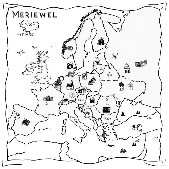 A charming and playful illustration of a medieval map of Europe, capturing the countries as they were during that time