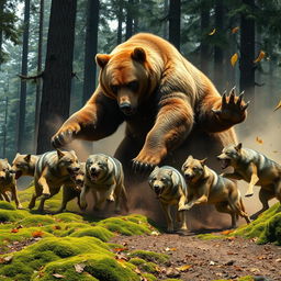 A colossal bear fiercely battling a pack of wolves in a dramatic forest setting