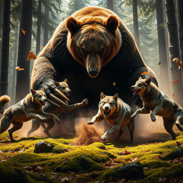 A colossal bear fiercely battling a pack of wolves in a dramatic forest setting