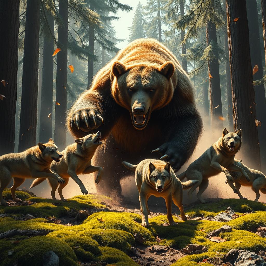 A colossal bear fiercely battling a pack of wolves in a dramatic forest setting