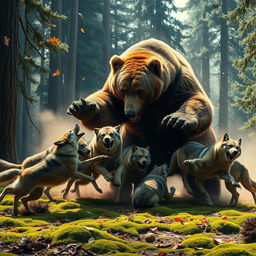 A colossal bear fiercely battling a pack of wolves in a dramatic forest setting