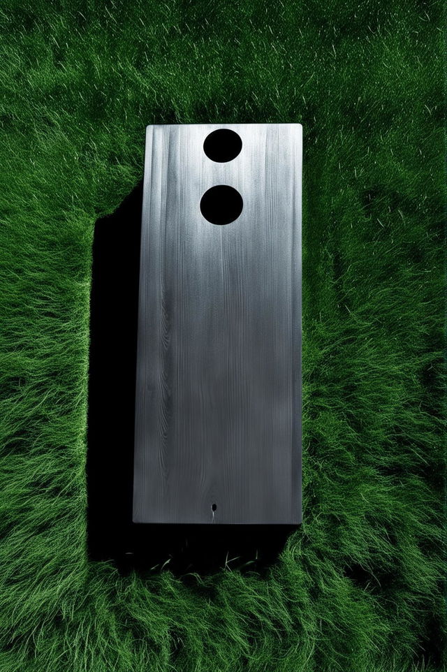 A high-quality photograph of a cornhole board painted black