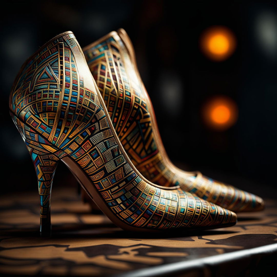 This is a high-definition, editorial magazine photograph of a pair of high heel shoes inspired by Aztec aesthetics