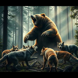 An epic scene of a giant bear battling a pack of wild wolves in a dense forest