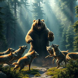 An epic scene of a giant bear battling a pack of wild wolves in a dense forest