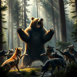 An epic scene of a giant bear battling a pack of wild wolves in a dense forest