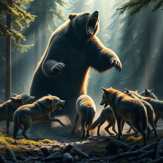 An epic scene of a giant bear battling a pack of wild wolves in a dense forest