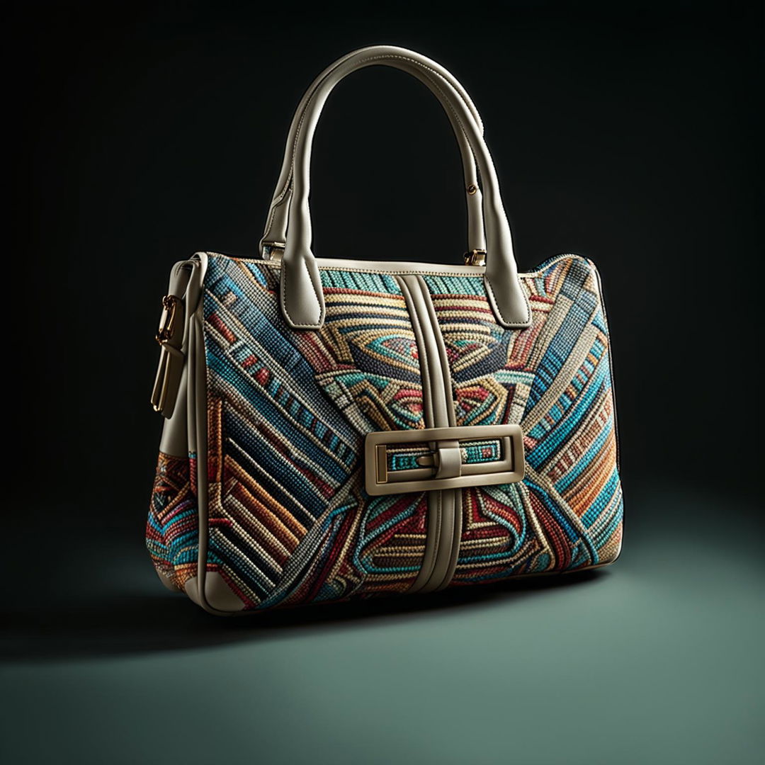 A high-definition editorial magazine photograph of a stylish purse inspired by Aztec designs