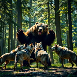 An epic confrontation between a giant bear and three wild alpha wolves in a vibrant forest