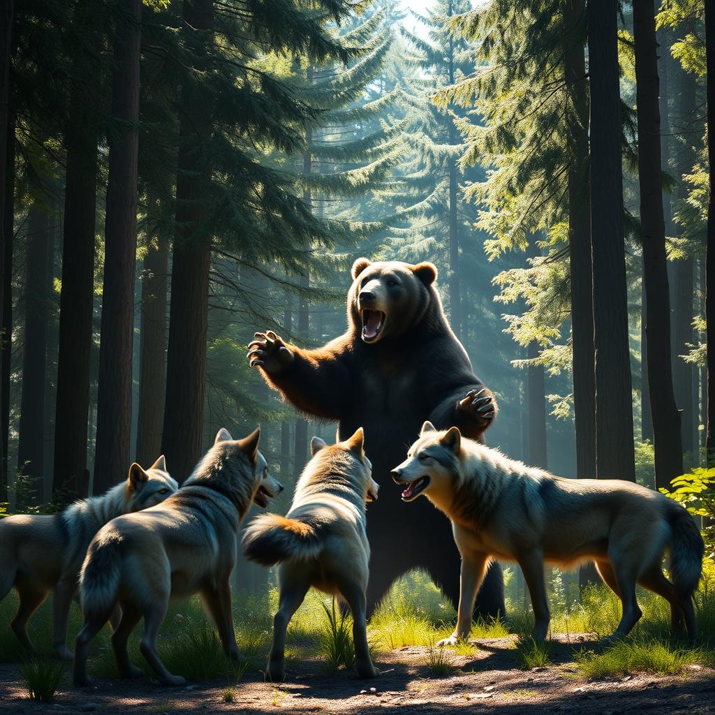 An epic confrontation between a giant bear and three wild alpha wolves in a vibrant forest