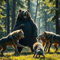 An epic confrontation between a giant bear and three wild alpha wolves in a vibrant forest