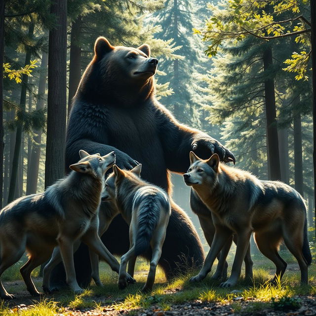 An epic confrontation between a giant bear and three wild alpha wolves in a vibrant forest