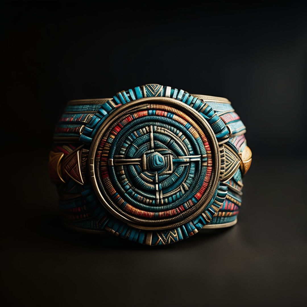 This is a high-definition, editorial-style photograph of a stunning belt inspired by Aztec designs