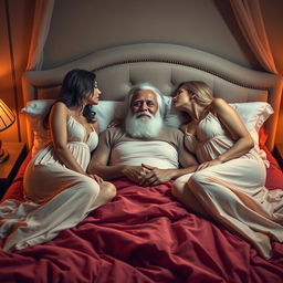 A scene depicting a white-bearded man lounging comfortably on a luxurious bed, with two beautiful women, each dressed elegantly in flowing nightgowns, passionately kissing him from either side