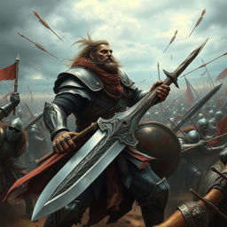 A powerful warrior, clad in intricately detailed armor, fiercely battling against a large army in an epic fantasy setting
