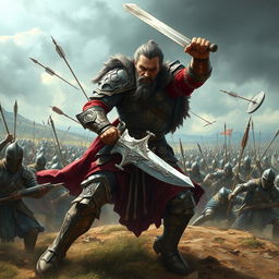 A powerful warrior, clad in intricately detailed armor, fiercely battling against a large army in an epic fantasy setting