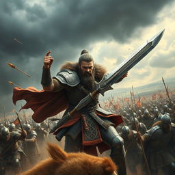 A powerful warrior, clad in intricately detailed armor, fiercely battling against a large army in an epic fantasy setting